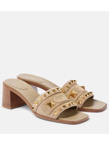Papuci tip mules Valentino Garavani din piele de căprioară cu tepi bej