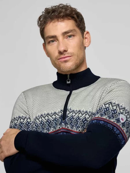 Sweter wełniany z zapinanym kołnierzem Dale Of Norway granatowy