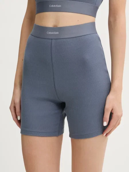 Домашен къс панталон Calvin Klein Underwear с изчистен дизайн с висока талия синьо