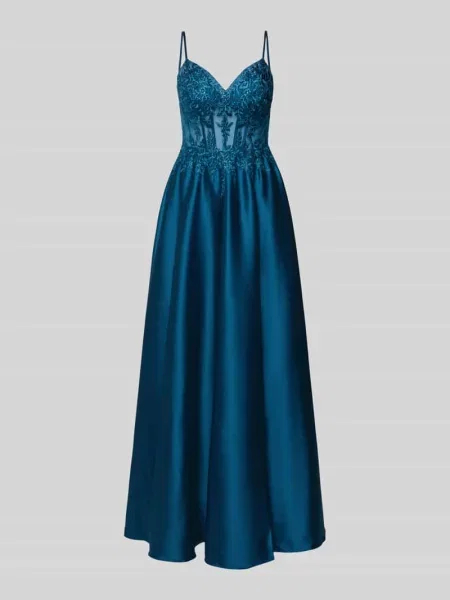 Sukienka gorsetowa z hafty i obszycie ozdobnymi kamieniami Luxuar Fashion niebieska