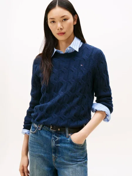 Sweter z dzianiny o kroju regular fit z czystej wełny Tommy Hilfiger granatowy