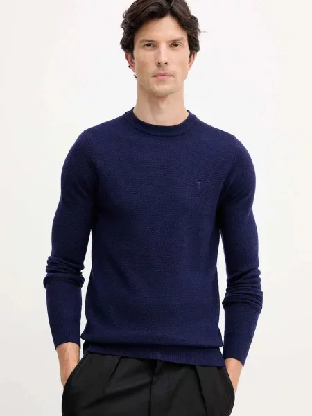 Вълнен пуловер Trussardi мъжки от лека материя тъмносиньо