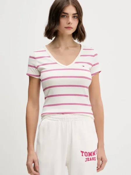 Тениска Tommy Jeans дамска жълто бежово
