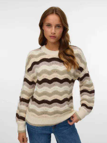 VERO MODA Pulover VMDOJA bej / kitt / maro închis alb