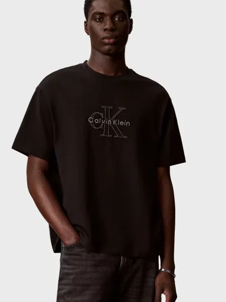 Лляна футболка Calvin Klein Jeans з аплікацією чорна