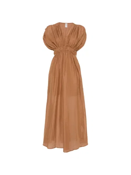 Rochie maxi 120% Lino cu decolteu în V maro