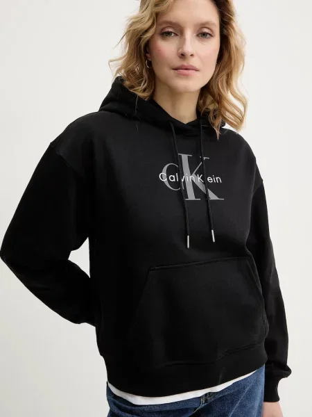 Суичър с качулка Calvin Klein Jeans с качулка черно