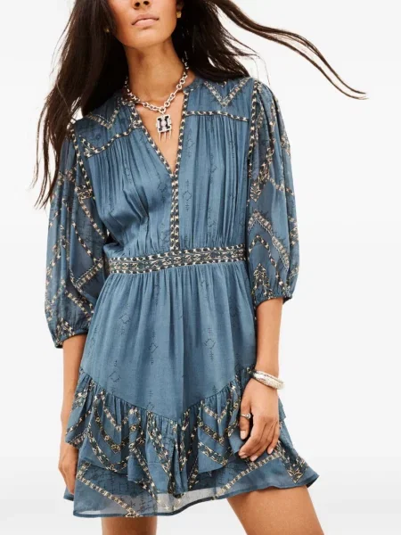 Rochie mini Ba&sh cu volane evazată albastru