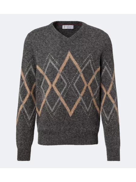 Pulover Brunello Cucinelli de lână cu model argyle gri