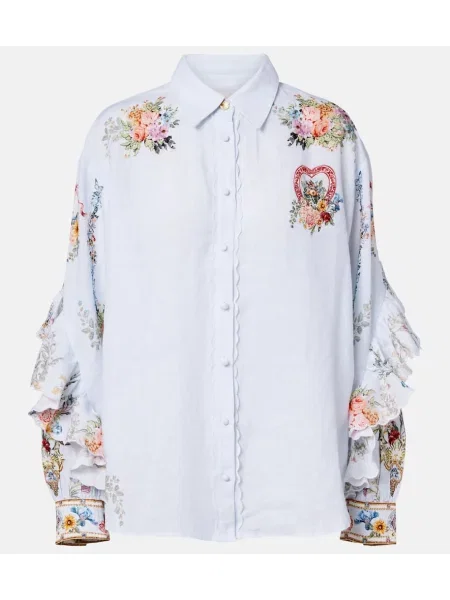 Cămașă Camilla de in cu model floral cu volane albastru