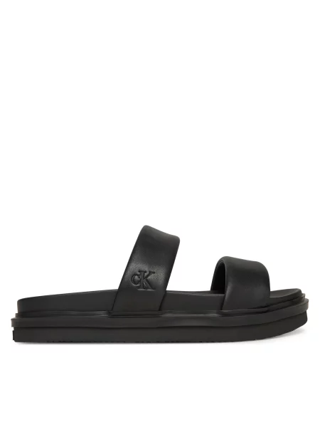 Natikači Calvin Klein Jeans Flat Molded Doublebar Sandal Lth črna