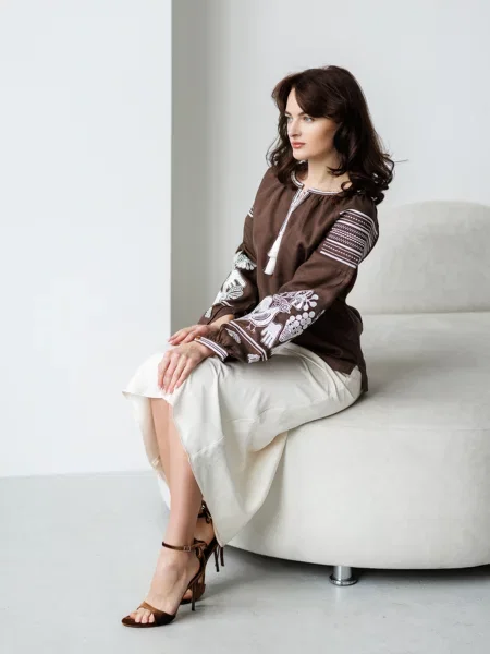 Лляна Вишита сорочка Folk Moda коричневий