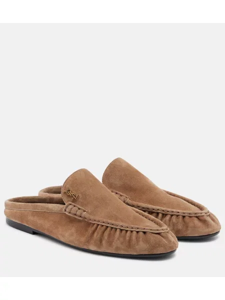 Papuci tip mules Saint Laurent din piele de căprioară bej