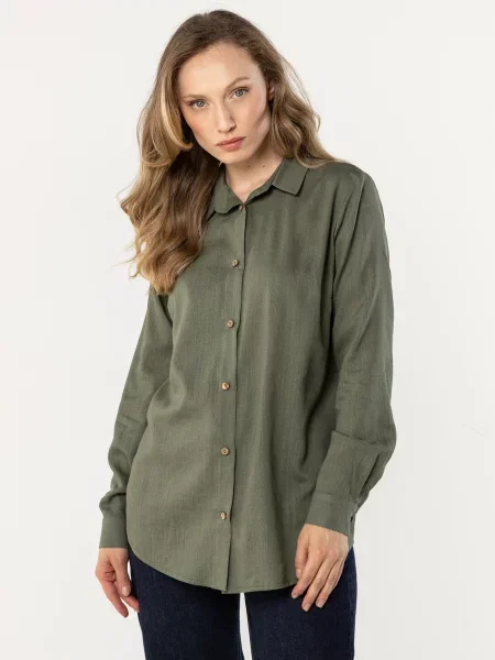 Koszula z lnu Awama z długim rękawem niebieska