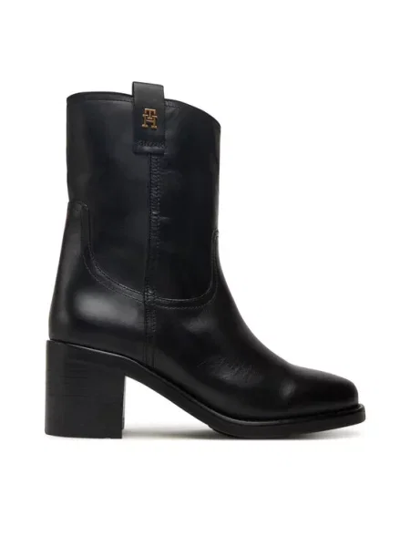Tommy Hilfiger Škornji Riding Lthr Mid Boot Block Heel črna