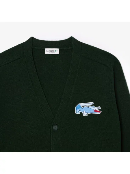 Lacoste Wełniany Kardigan Z Dekoltem V Classic Fit Ciemnozielony zielony