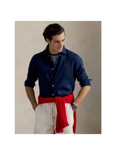 Lniana koszula Polo Ralph Lauren niebieska