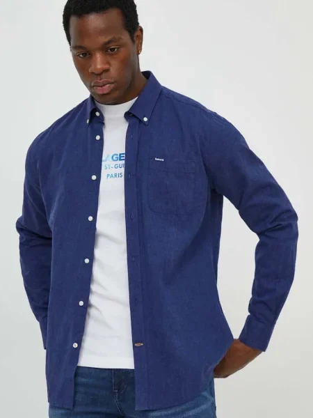 Lanena košulja Barbour tamno slim s button-down ovratnikom plava
