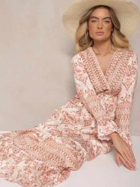 Sukienka z Wiskozą o Rozkloszowanym Kroju z Falbanami w Etniczny Print Korimira beżowa