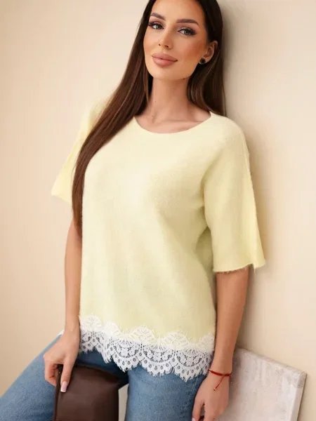 Pulover Kesi Włoski cu mâneci scurte din dantelă scurt alb