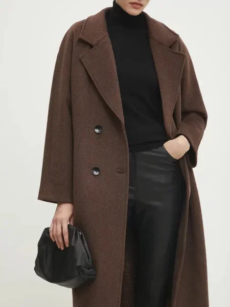 Answear.LAB płaszcz wełniany przejściowy dwurzędowy brązowy