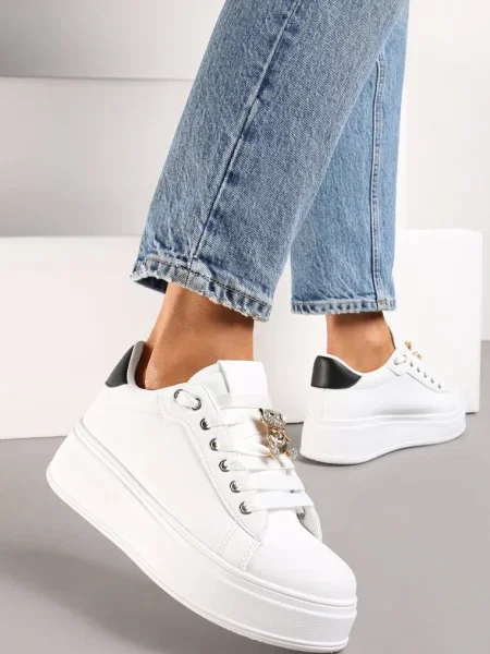 Sneakers Alb-Negri din Imitatie de Piele pe Platformă cu Decor de Zirconiu Imbercca alb
