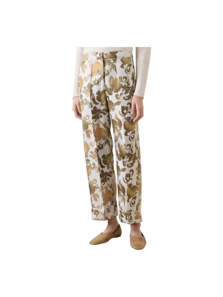 Lniane spodnie Max Mara z nadrukiem brązowe