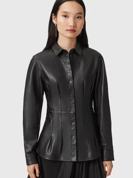 AllSaints cămașă din piele LARSON cu guler clasic slim negru