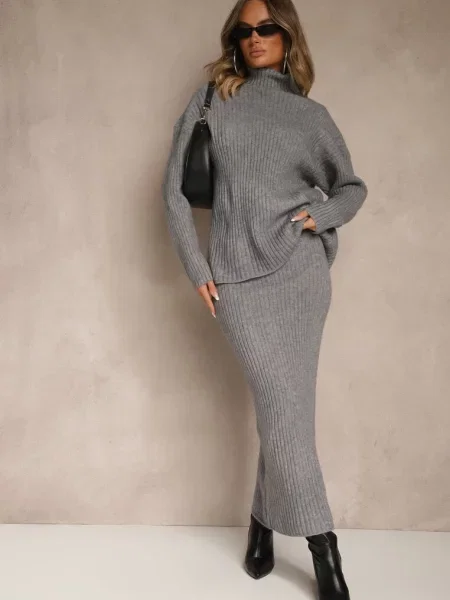 Komplet z Dzianiny z Wełną w Prążki Golf i Ołówkowa Spódnica Falirea szary