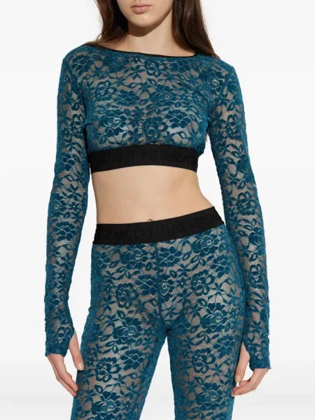 Топ Versace Jeans Couture на цветя с дантела изрязани синьо