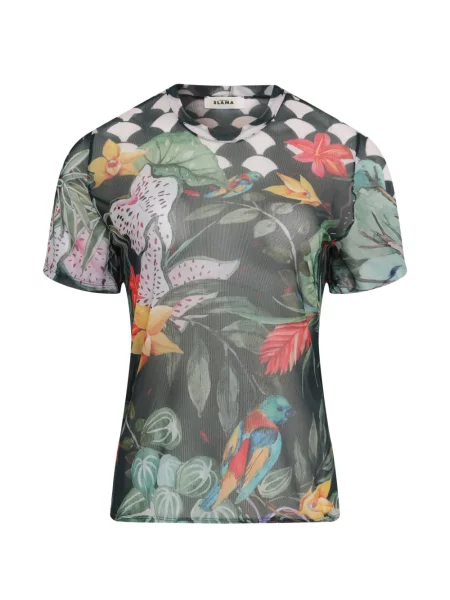 Tricou Amir Slama cu model floral cu imagine plasă negru