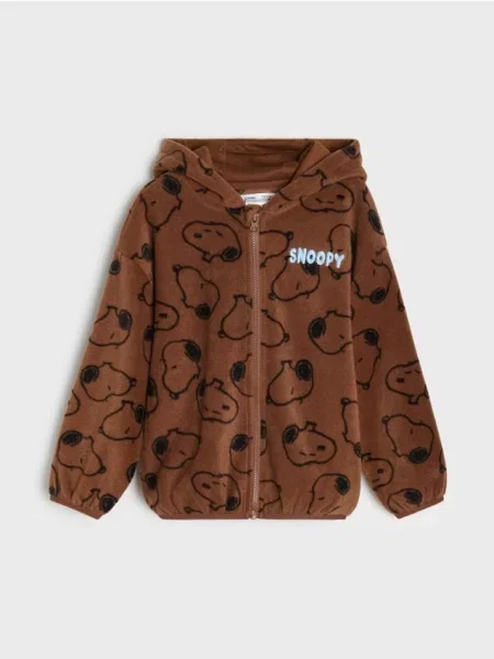Sinsay Rozepínací fleecová mikina s kapucí Snoopy hnědá