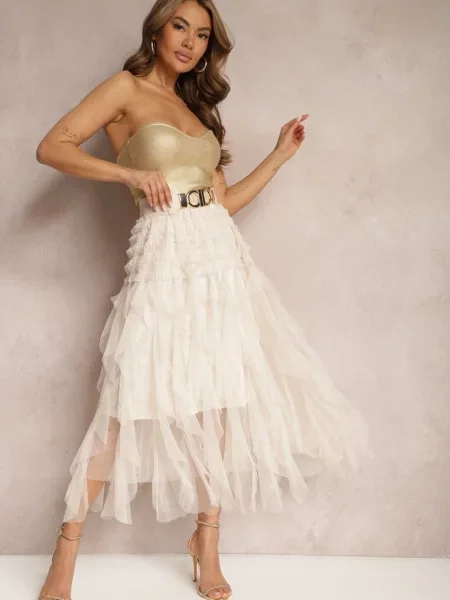 Jasnobeżowa Asymetryczna Spódnica z Tiulowej Siateczki Vlekia beżowa