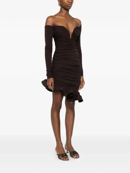 Rochie maxi Elisabetta Franchi cu volane lungă de costum maro