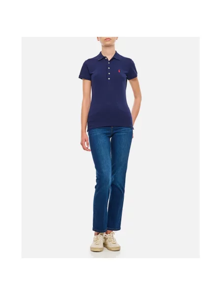 Koszulka polo Ralph Lauren z autografem ze stretchu z siateczki niebieska