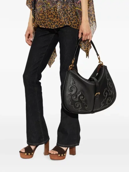 Кожена чанта Etro бродирана черно
