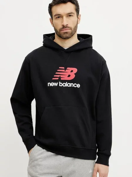 Хавлиени суичър с качулка New Balance с автограф с качулка черно