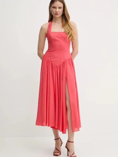 Bardot sukienka z domieszką lnu maxi rozkloszowana różowy