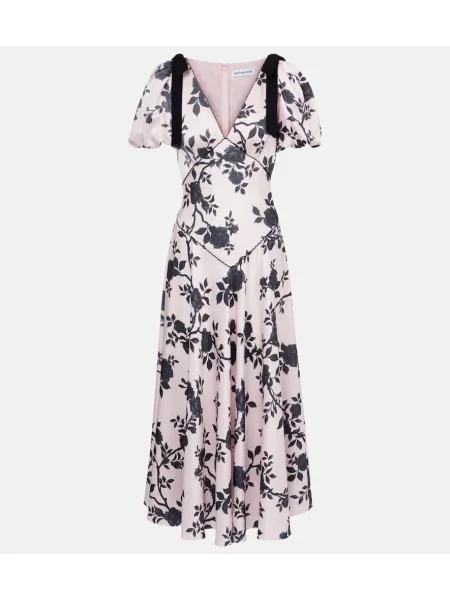 Rochie midi Self-portrait cu funde din satin cu model floral roz