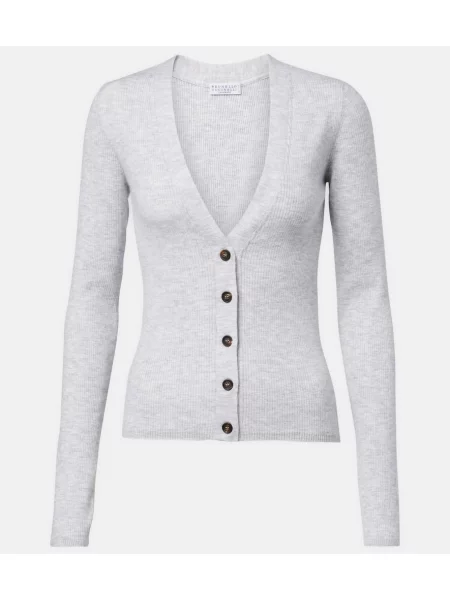 Dzianinowy kardigan Brunello Cucinelli prążkowany szary