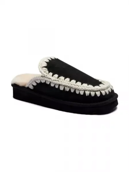 MOU De piele papuci de casă ESKIMO cu adaos de lână negru