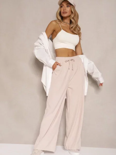 Spodnie o Szerokim Kroju High Waist z Wiązaniem w Pasie Ettianne beżowe