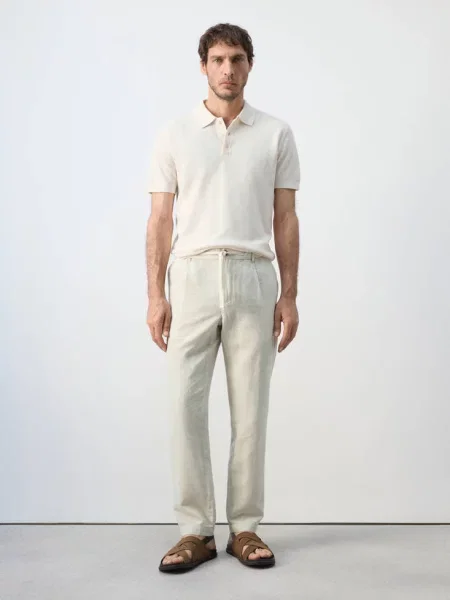 Spodnie slim fit cropped z lnu i bawełny kremowy / écru Mężczyzna 42 MANGO MAN