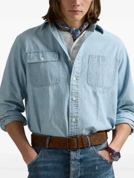 Ленена карирана риза Polo Ralph Lauren бродирана синьо