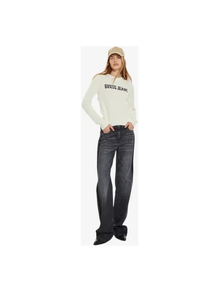 Dzianinowy sweter Guess z okrągłym dekoltem z logo biały
