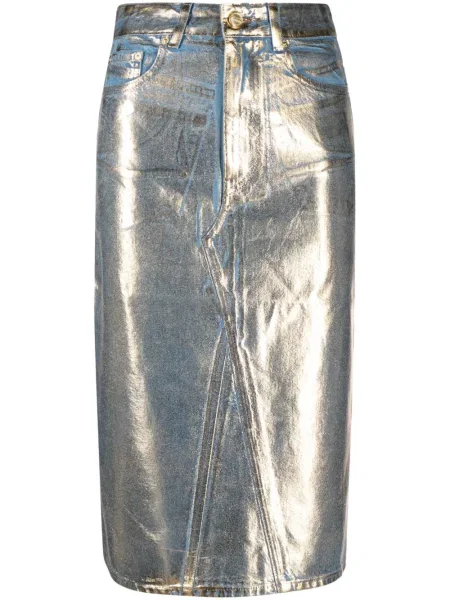 Fustă din denim Ganni până la genunchi albastru