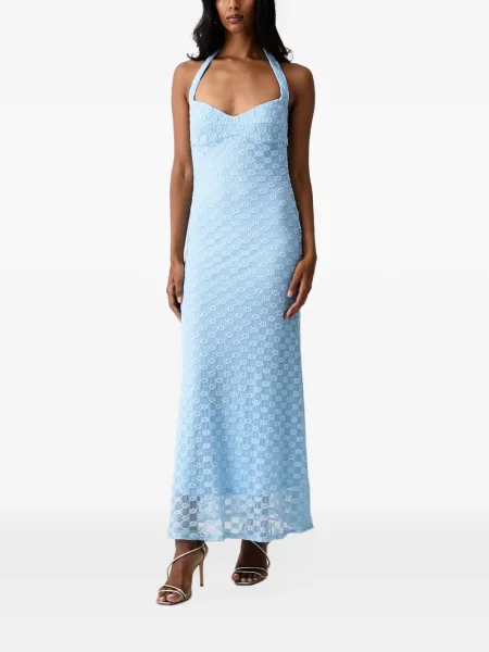 Rochie maxi Bardot cu model floral din dantelă cu gât halter albastru