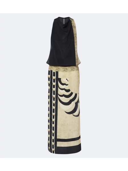 Rochie maxi Sir de mătase cu imagine bej