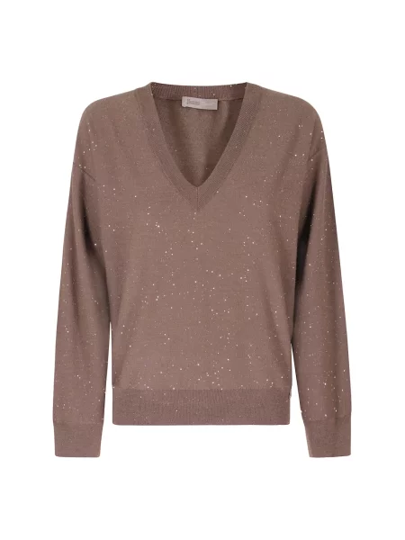 Sweter Herno z dekoltem w serek brązowy
