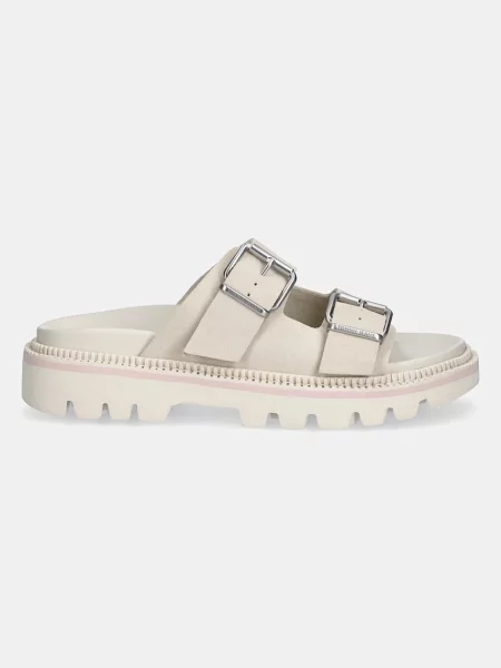 Tommy Jeans papuci din piele DOUBLE STRAP SANDAL SUEDE bej